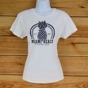 Miami Beach Florida Crew‎ Neck T-Shirt Womens Sz L White Short Sleeves Pineapple